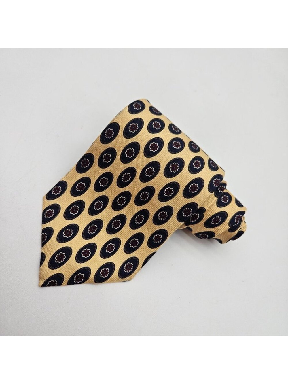 Ferrell Reed for Hodge & Sons Yellow Navy Flower Medallion 57" Silk Tie